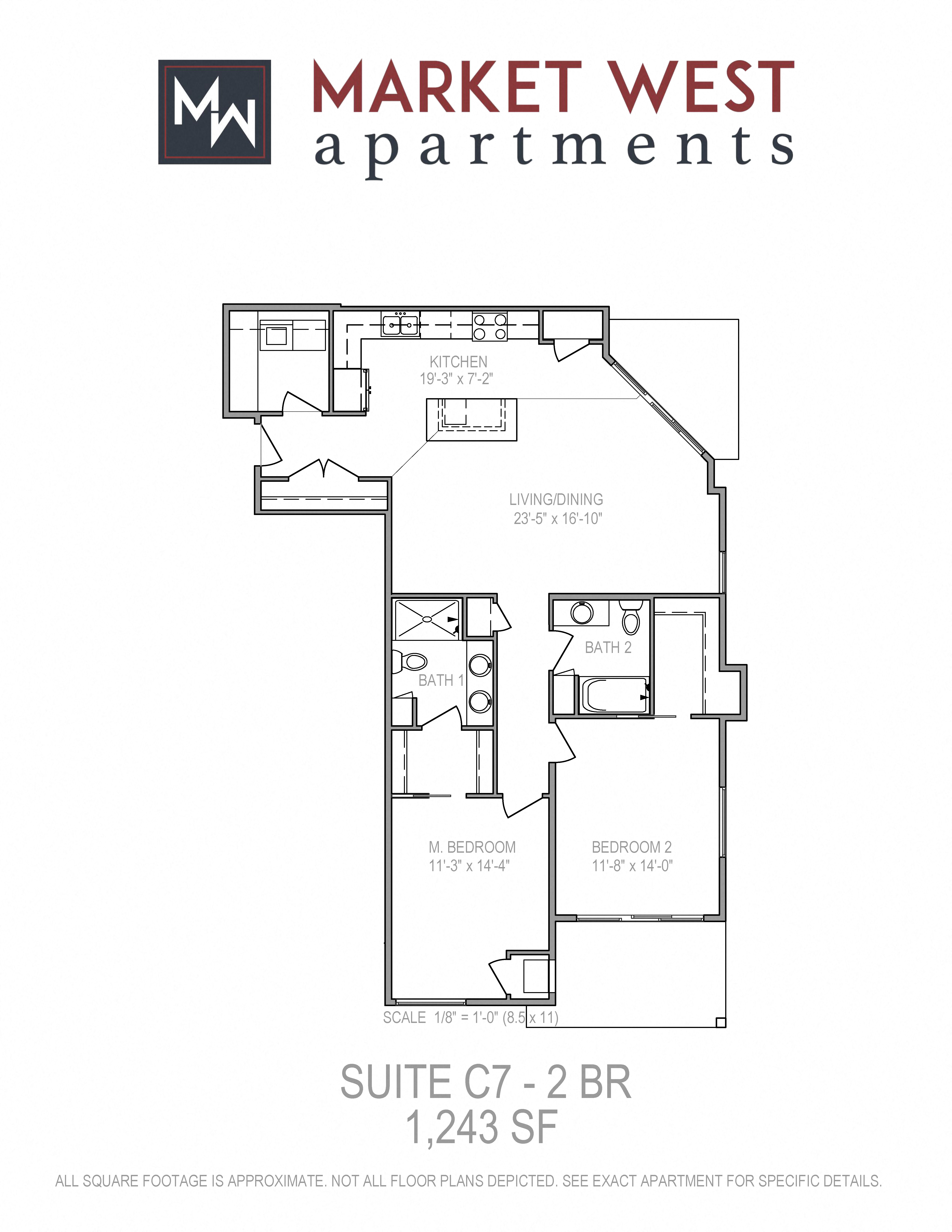 Floor plan for 2 beds, 2 baths, 1243 sqft